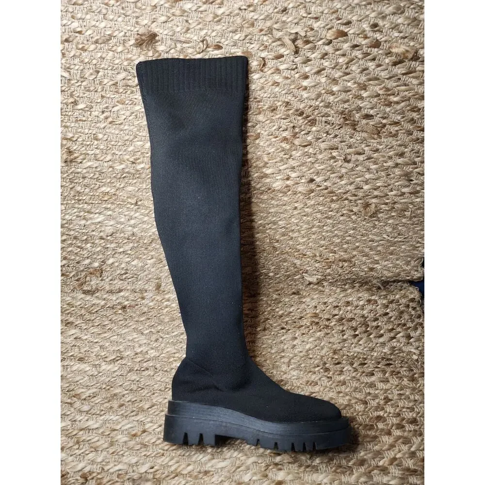 Women's Stretch Over The Knee Black Boots Thigh High Chunky Heel Winter Size 7